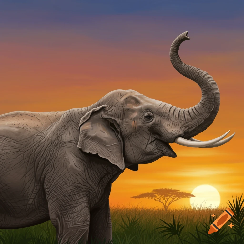 An elephant with its trunk raised in a savanna at sunset.