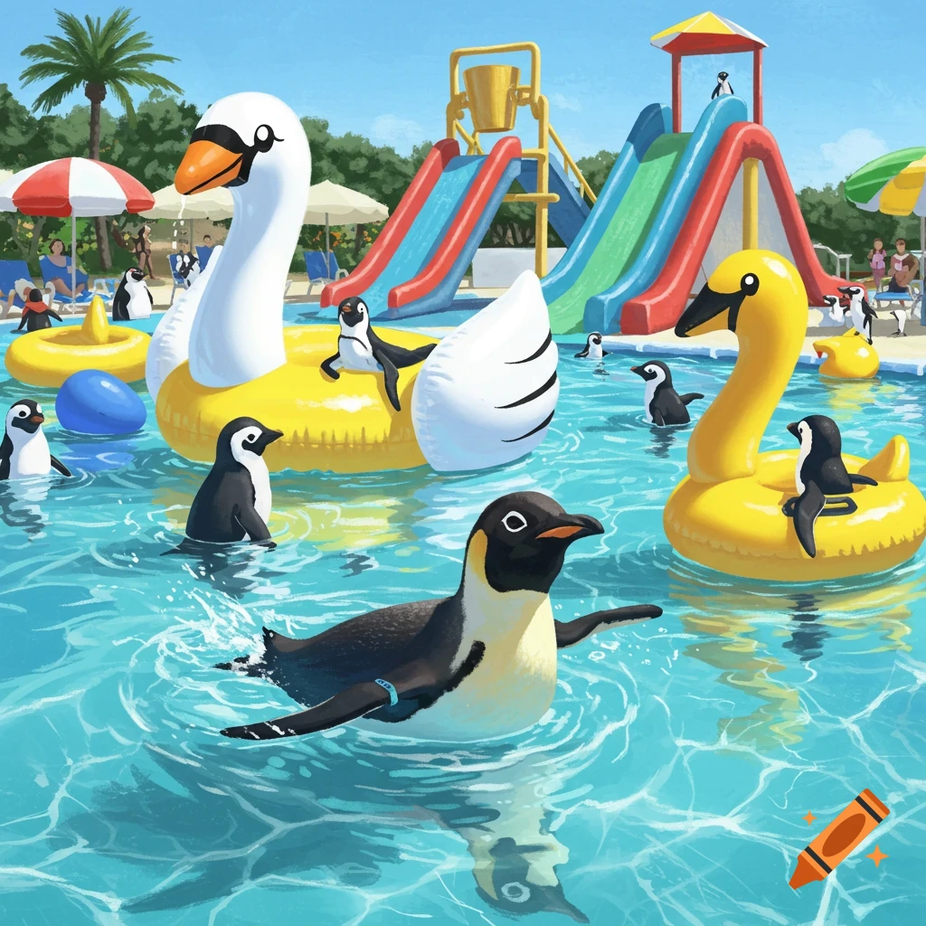 Penguins are playing and swimming in a water park pool with inflatable swan toys and waterslides.