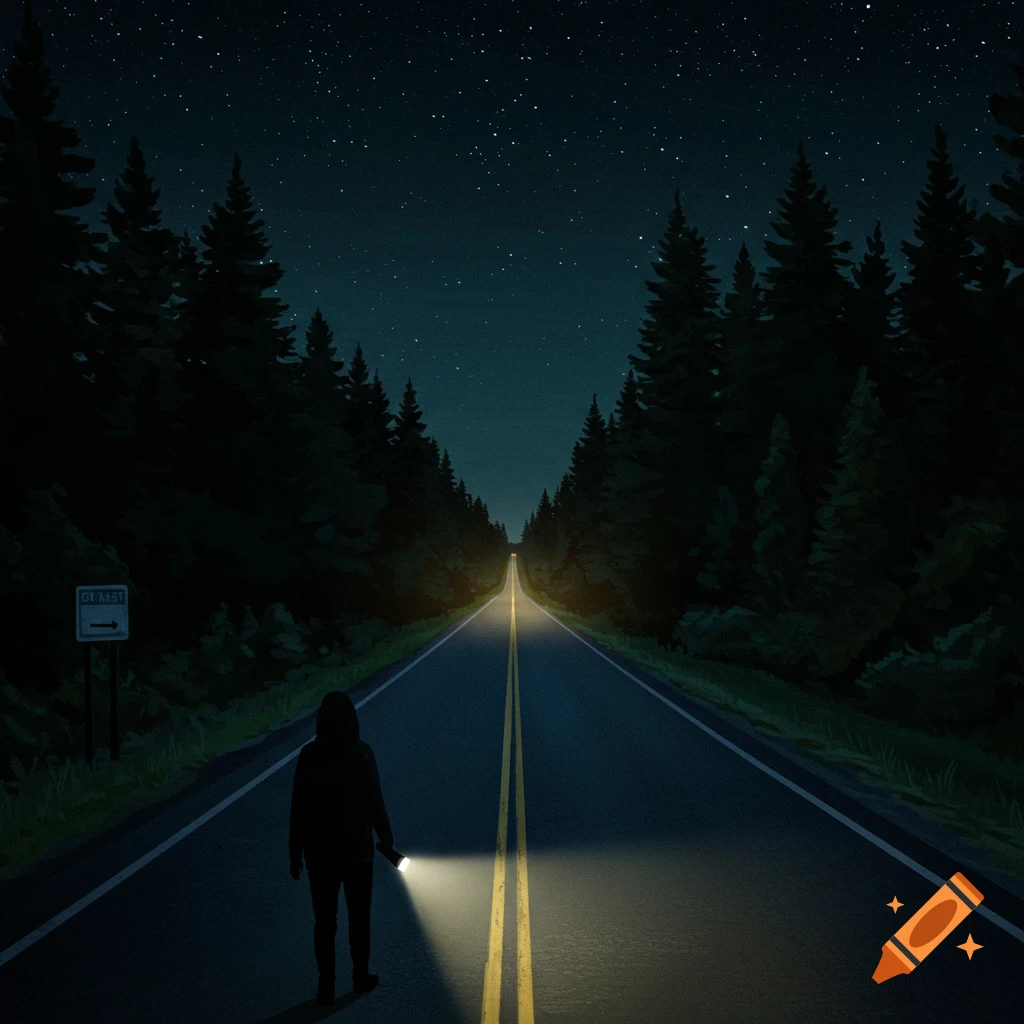 A person with a flashlight walks down a dark road surrounded by trees at night under a starry sky.