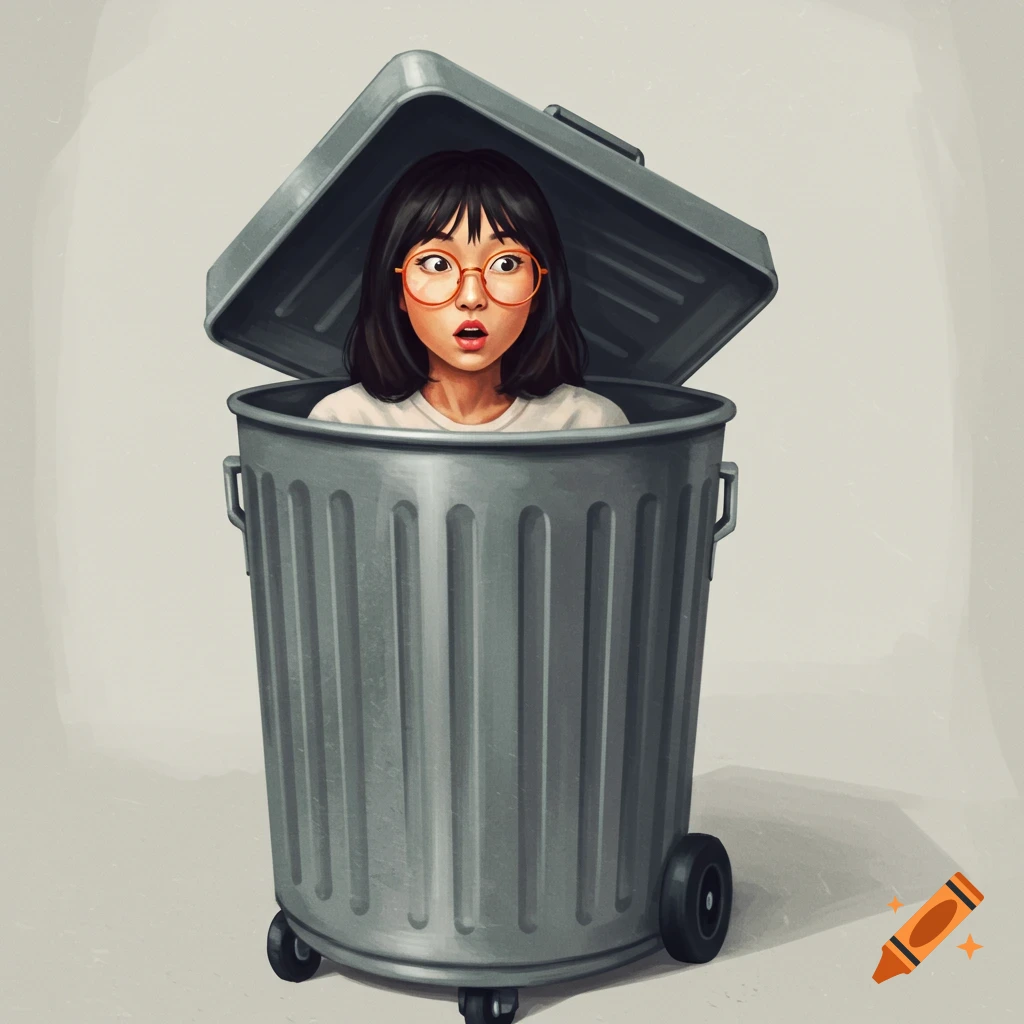 An Asian woman with orange glasses looking out of a grey trash can.