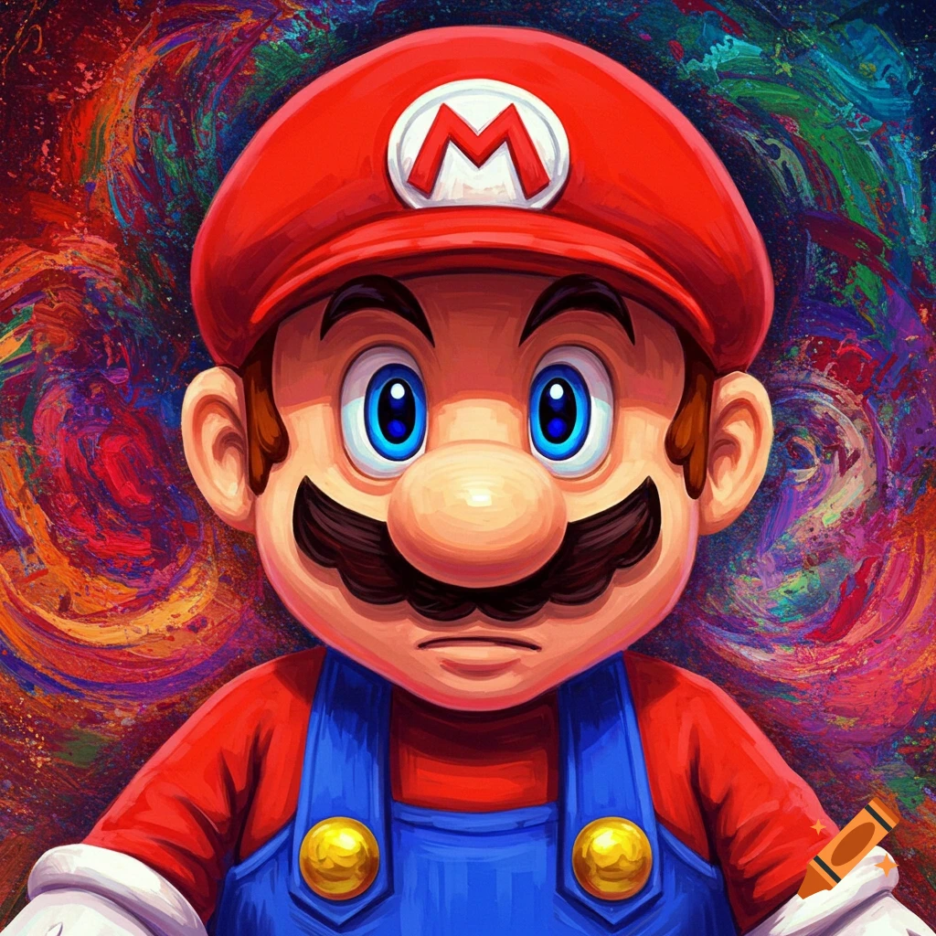 Image of Mario with an abstract colorful background.