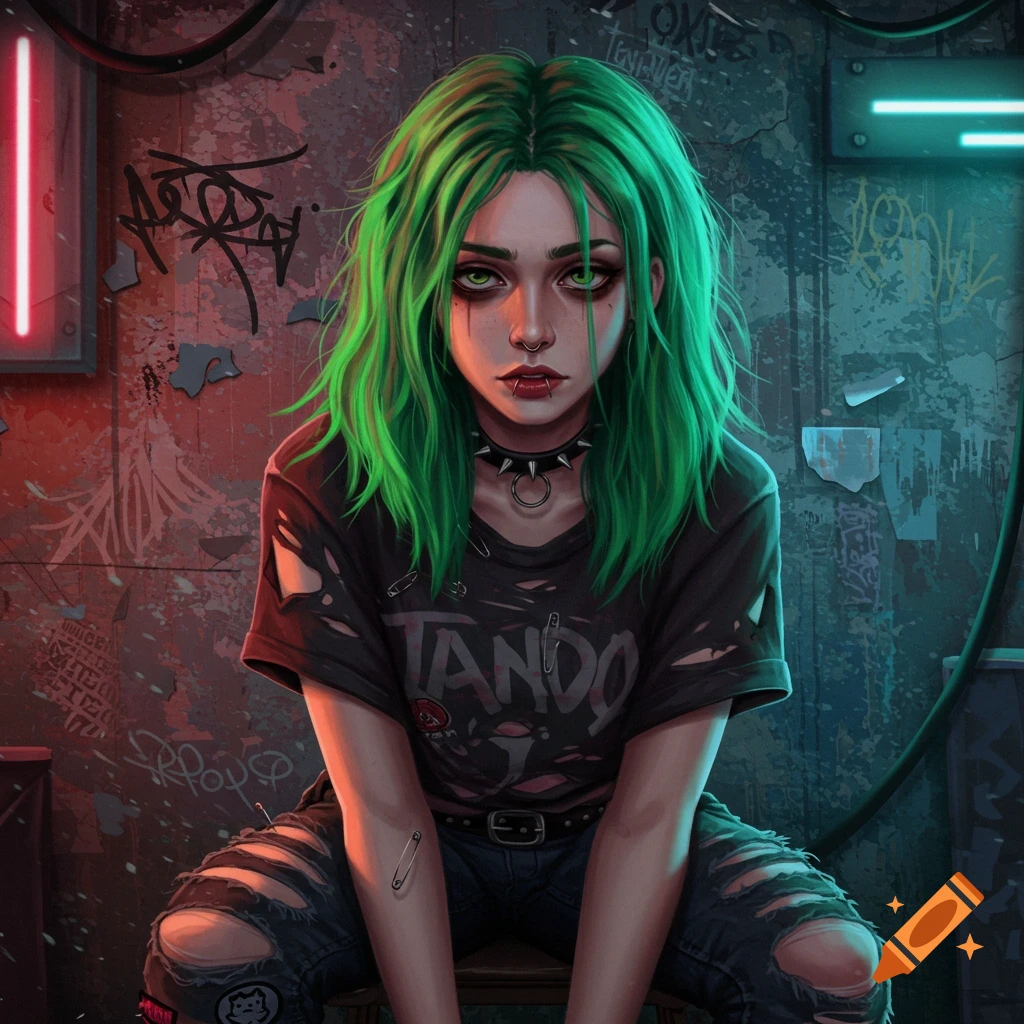 A young woman with bright green hair, wearing ripped grunge clothing and sitting in a gritty urban setting with graffiti.