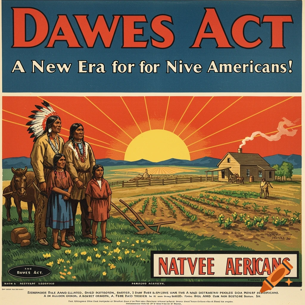 Poster for the Dawes Act showing a Native American family on a farm with a setting sun.