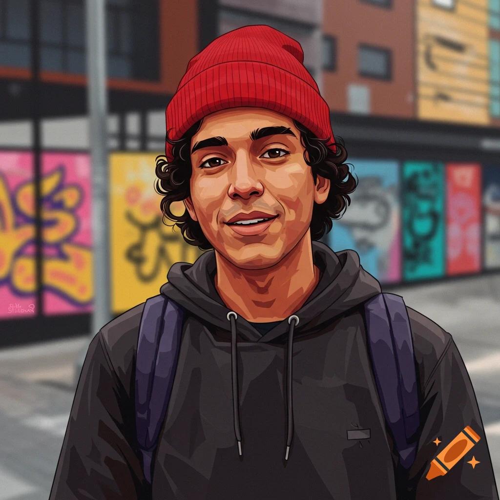 A young man in a red beanie and hoodie standing in front of urban graffiti art.