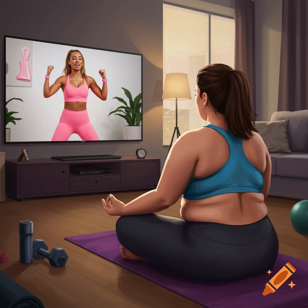A person meditating on a yoga mat while watching a fitness video on TV.