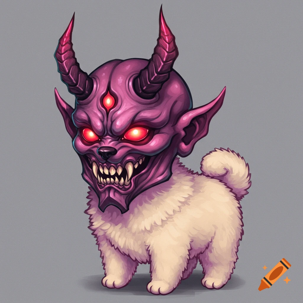 A fluffy white puppy with a pink demon head, horns, and red eyes.
