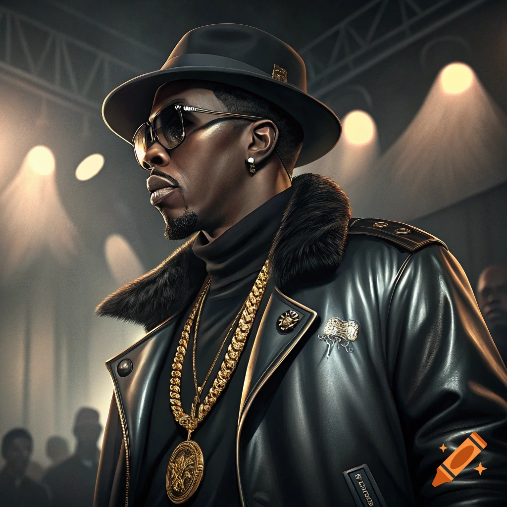 Photorealistic portrait of a man wearing a hat, sunglasses, leather jacket, and gold chains on a stage.