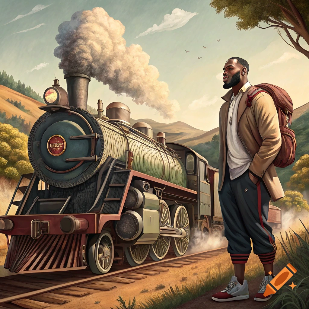 A man stands next to a steam train in a grassy landscape.