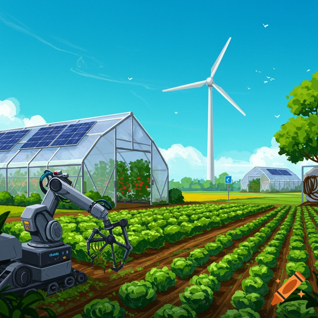 A robotic arm harvesting lettuce on a modern farm with greenhouses, solar panels, and a wind turbine.