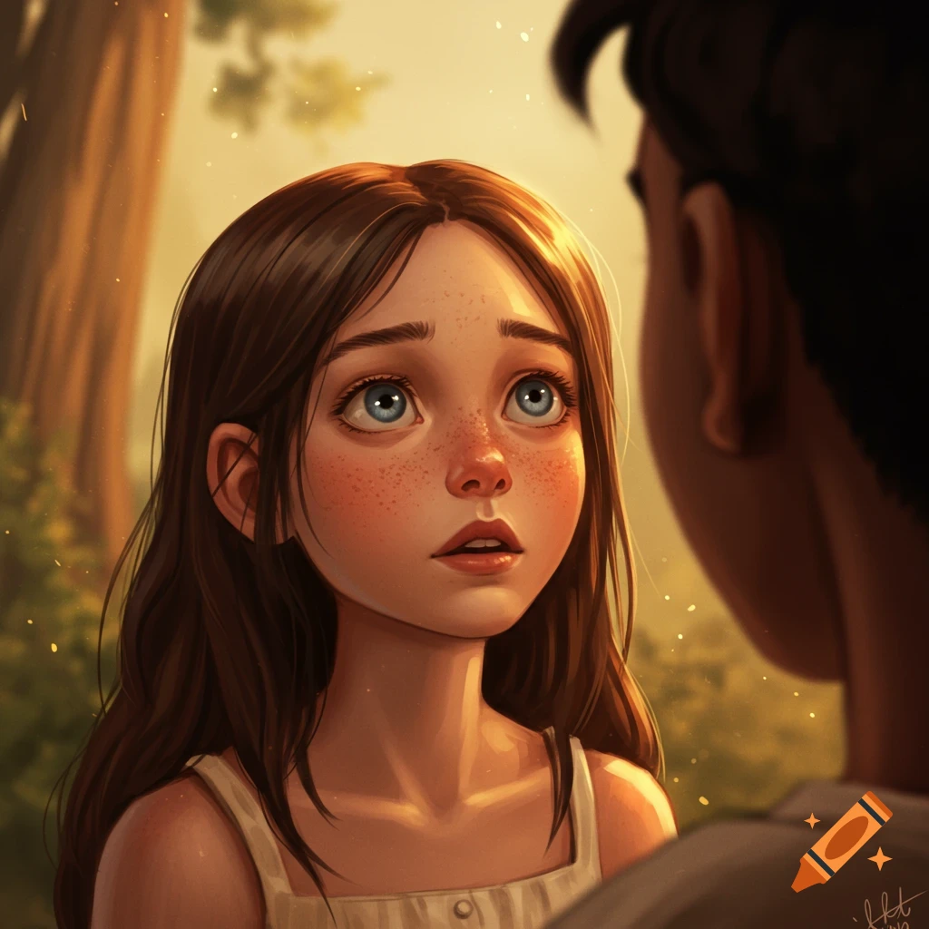 A girl with blue eyes and freckles looks up at a taller person in a forest setting.