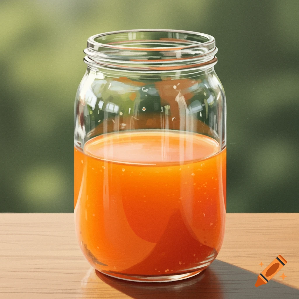 A glass jar half-filled with orange juice, sitting on a wooden surface.