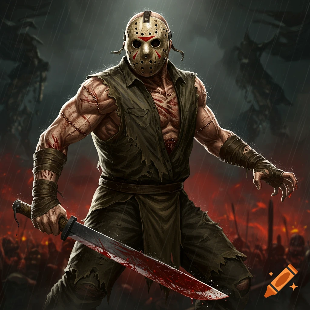 Jason Voorhees with a bloody machete standing in a rainy battlefield.