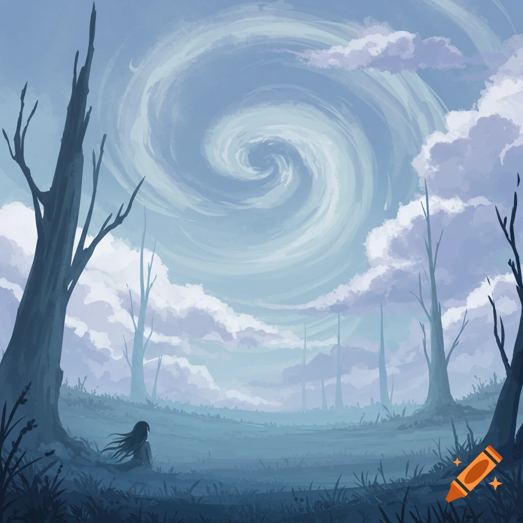 A solitary figure sits in a melancholy landscape with bare trees and a swirling sky.