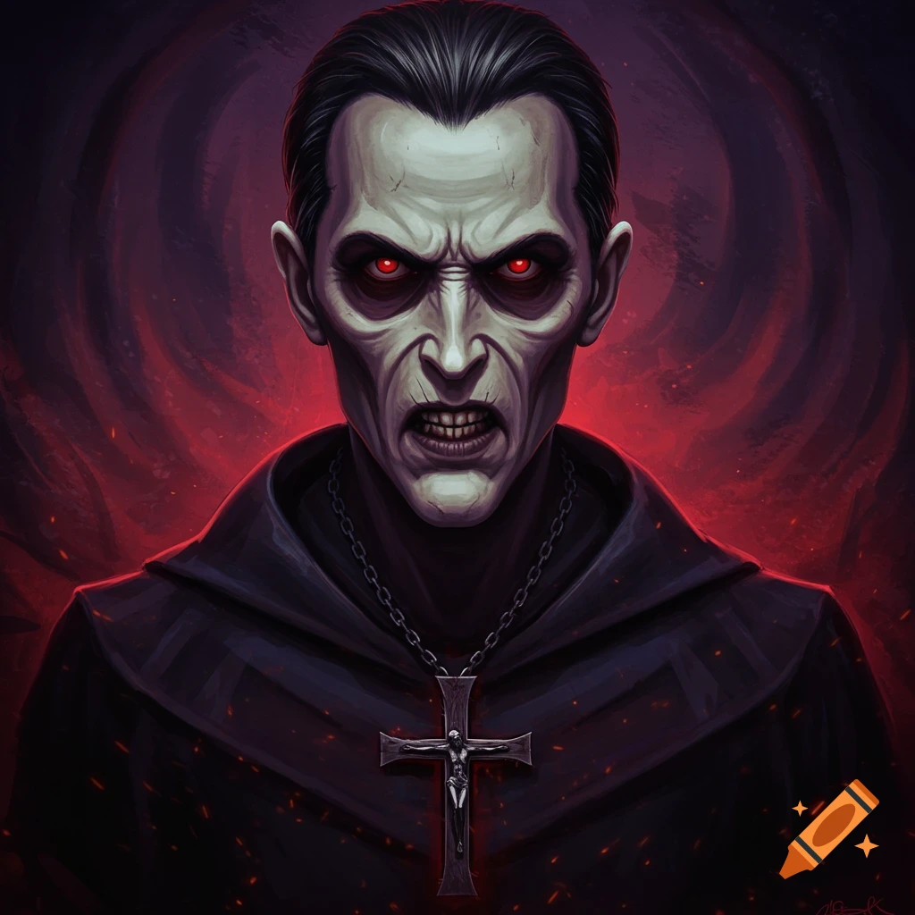 A gaunt, menacing figure with glowing red eyes and a dark robe, wearing a crucifix necklace against a red and black background.