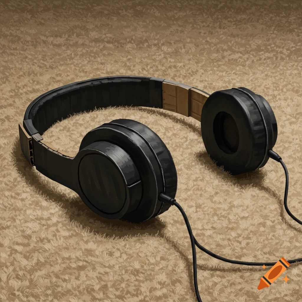 Black headphones lying on a beige carpet.