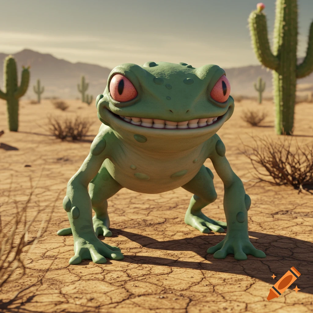 A stylized cartoon frog with red eyes smiles in a desert.