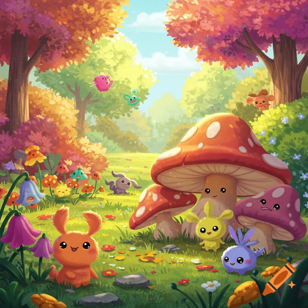 Cute, stylized creatures hide among mushrooms and flowers in a colorful forest.