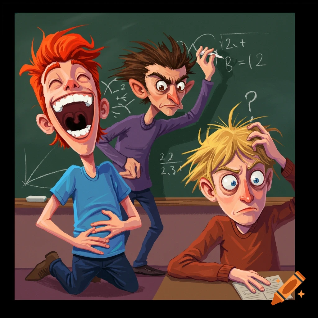 Cartoon illustration of three students in a classroom: one laughing, one angry at a blackboard, one confused at a desk.