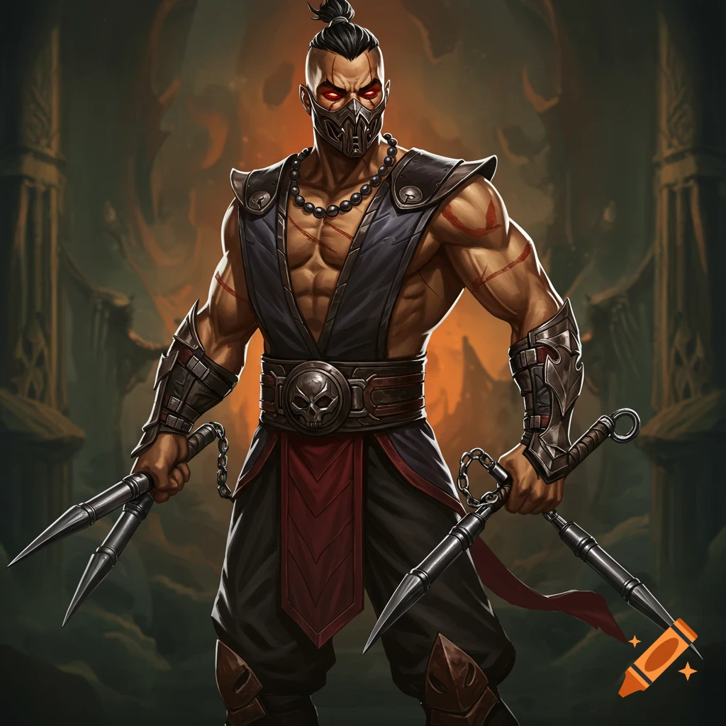 A masked fighter with red eyes, armor, and chained spikes, standing in front of a fiery background.