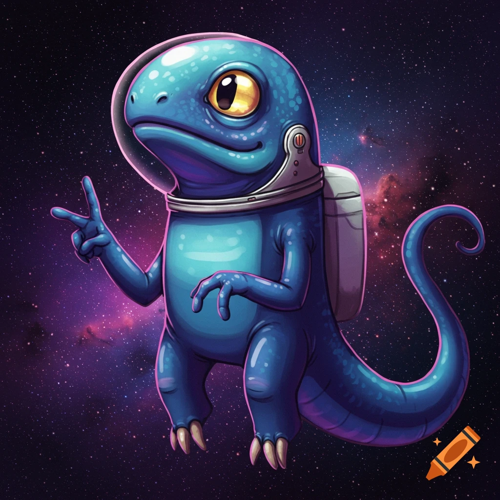 A blue creature in an astronaut helmet and backpack holds up two fingers for peace in space.