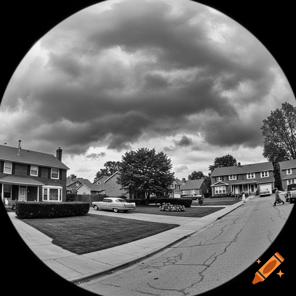Black and white photo of a 1950s suburban street with a vintage car, under stormy clouds, viewed with fisheye distortion.
