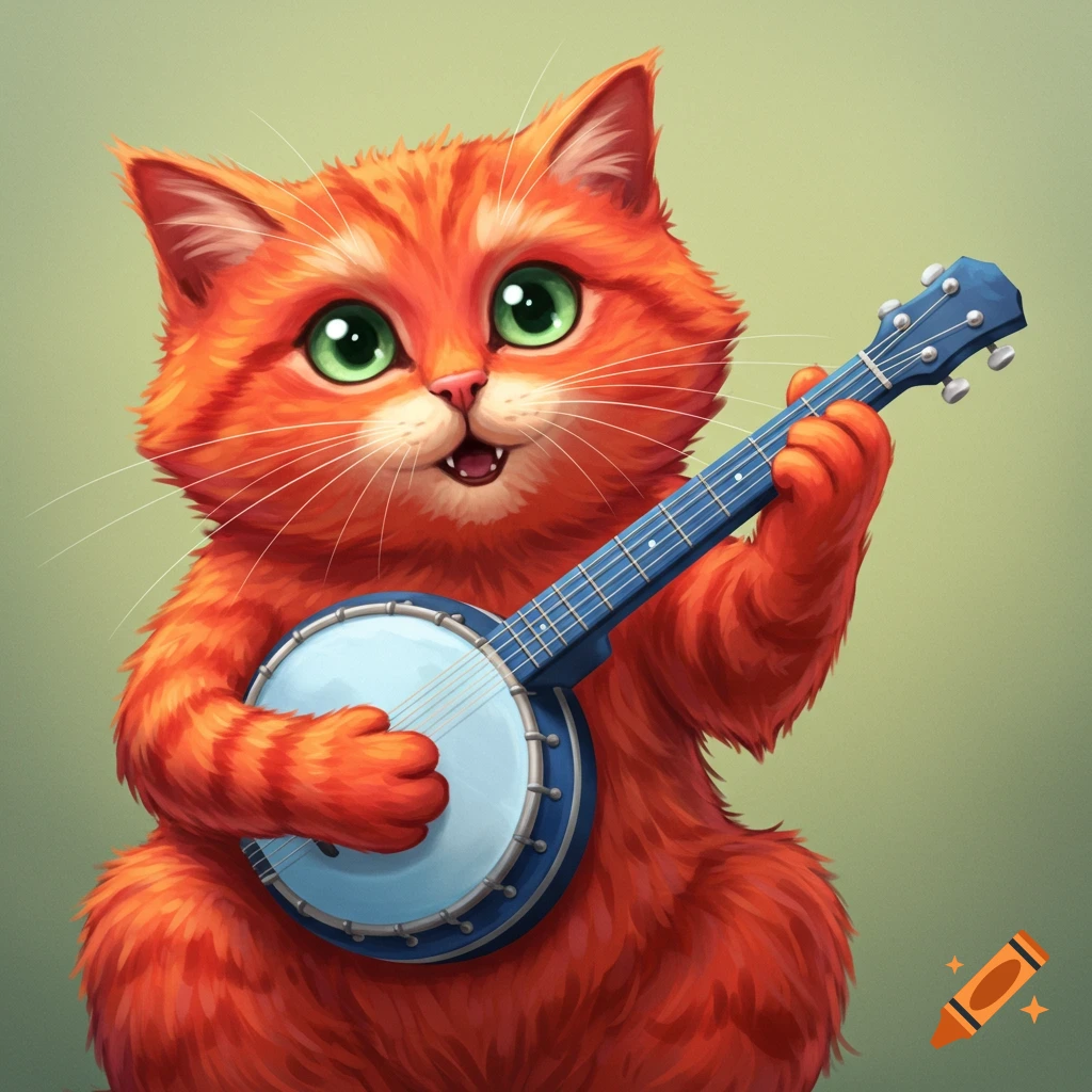 A fluffy orange cat playing a blue banjo.