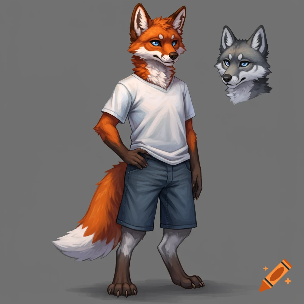 An anthropomorphic fox/wolf character in a t-shirt and shorts with a separate headshot.