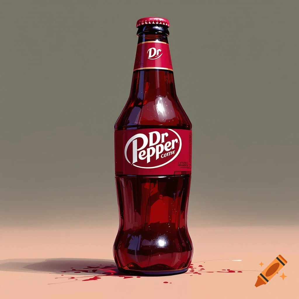 A Dr Pepper bottle with red liquid spilled on the surface.