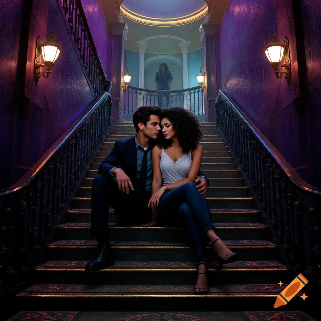 A couple sits on a grand staircase, embracing, while another person watches from a balcony above. Digital art.