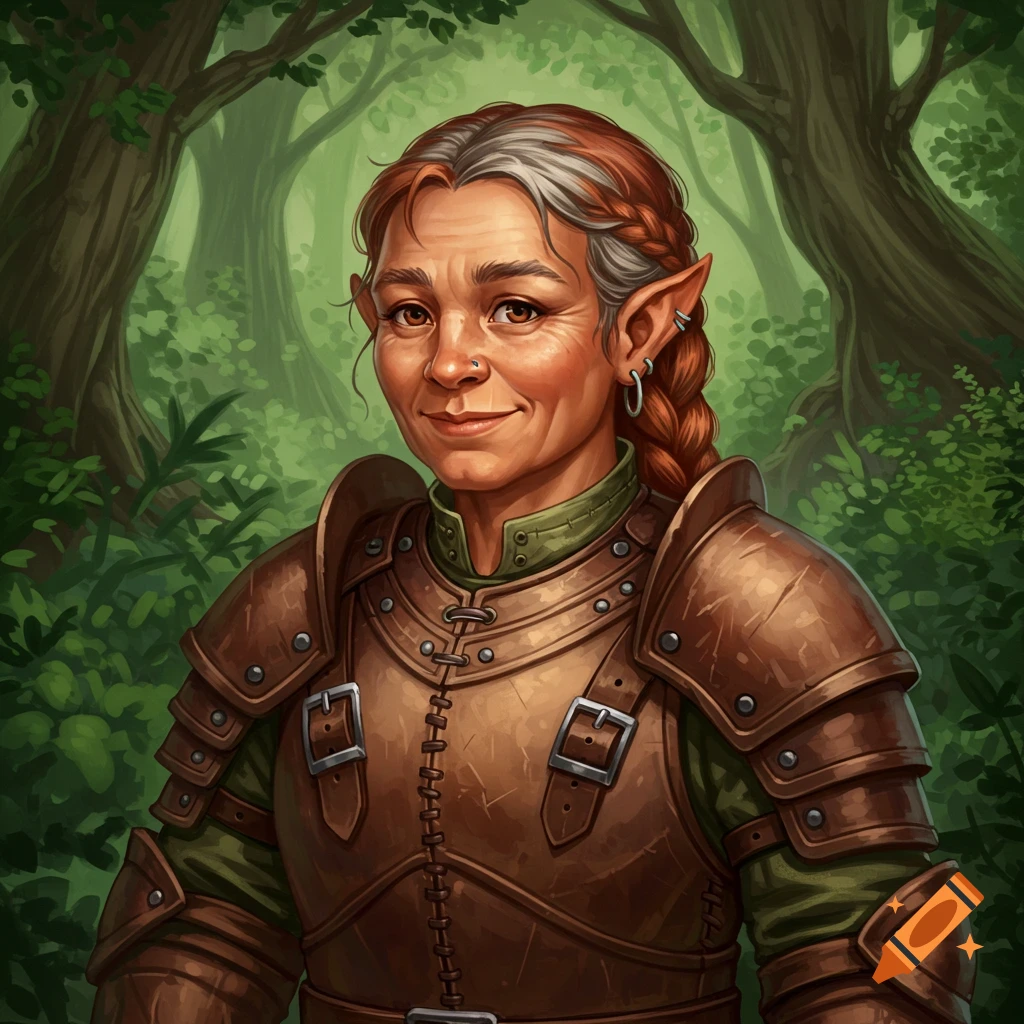 A middle-aged halfling woman in leather armor stands in a forest.