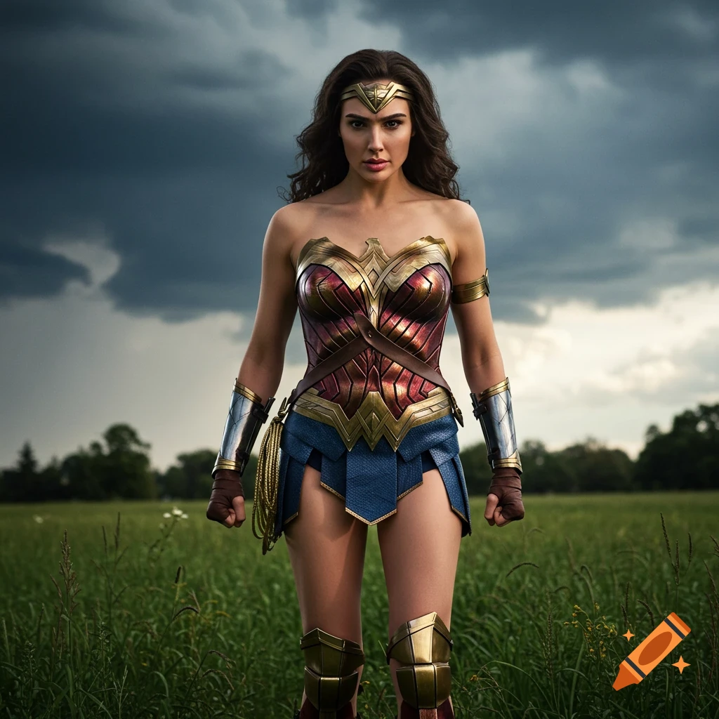 Photorealistic image of Wonder Woman standing in a grassy field under stormy skies.