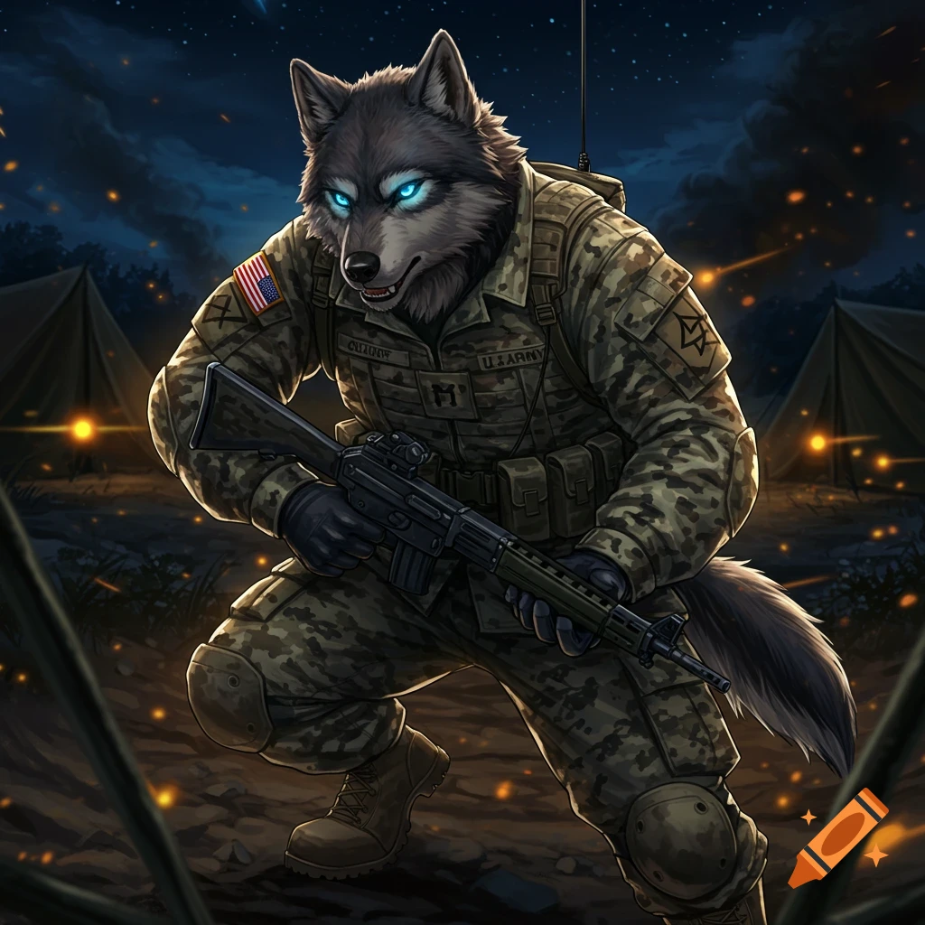 Anthro wolf in a US Army uniform kneeling with a rifle in a military camp at night.