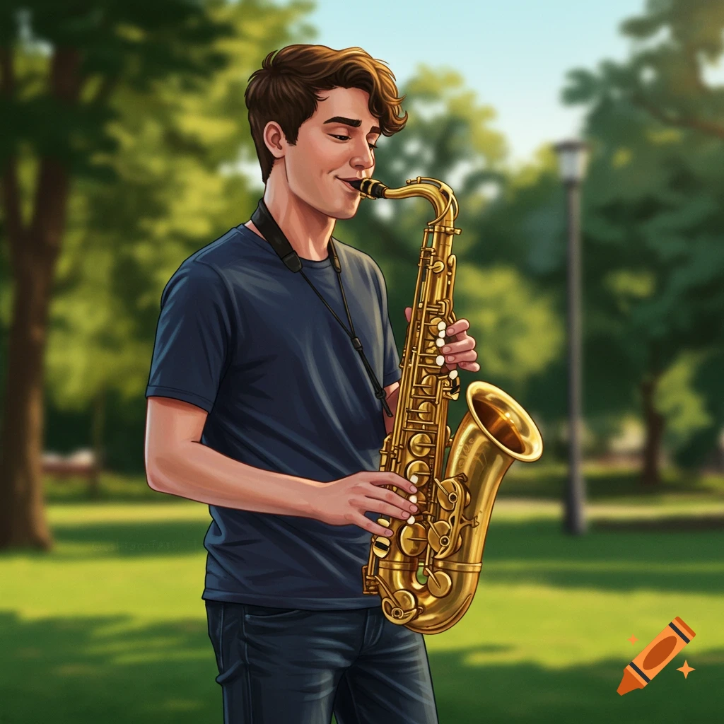 A man playing an alto saxophone in a park.