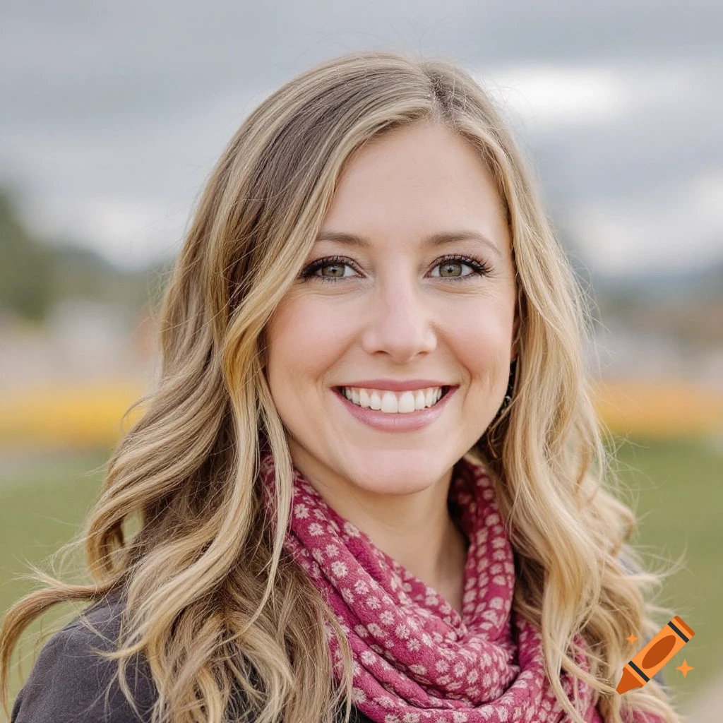 A close-up portrait of a smiling woman with blonde hair and a pink scarf, outdoors.