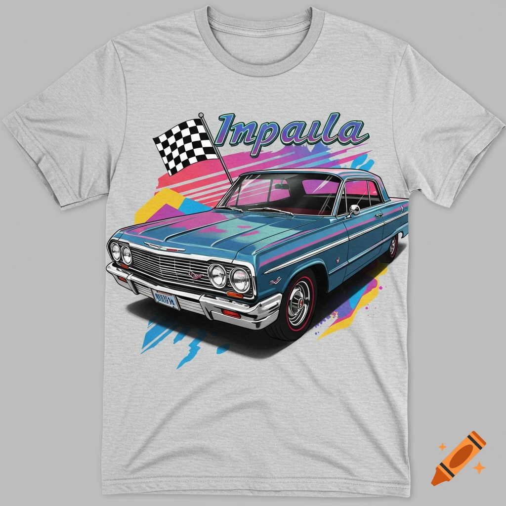 Digital illustration of a blue 1960s Chevy Impala with a checkered flag and abstract shapes on a grey t-shirt