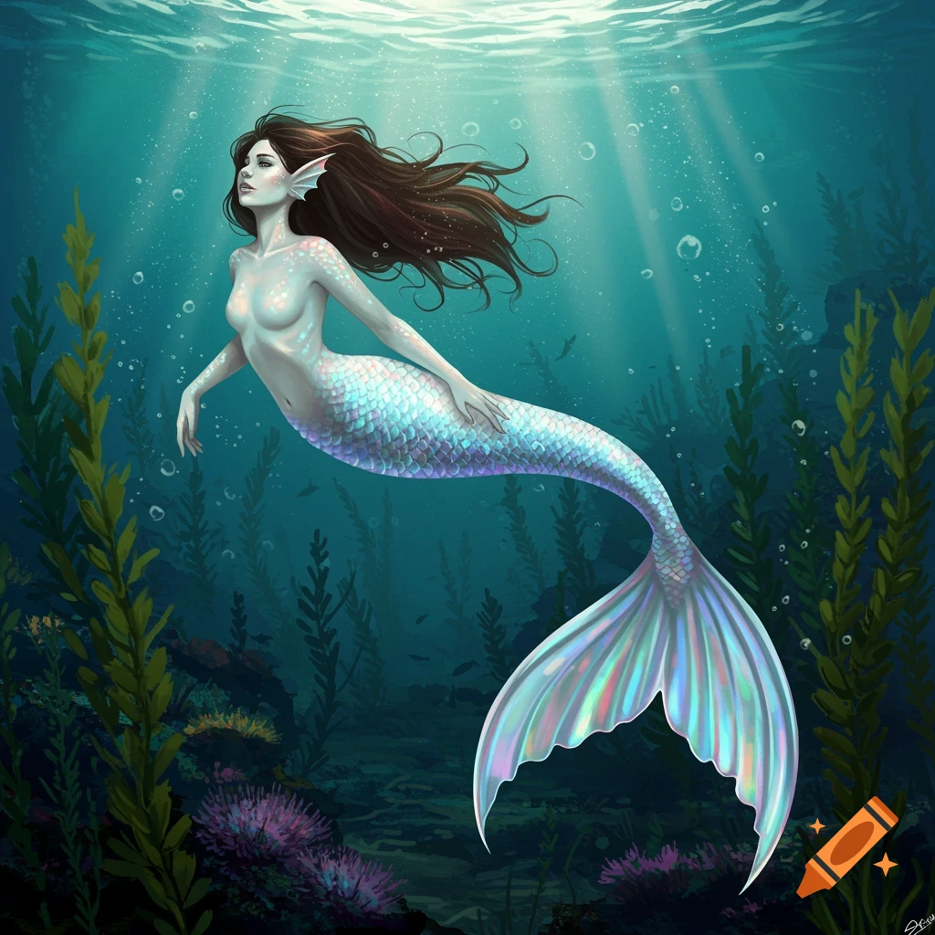 An iridescent mermaid swimming in clear blue water among seaweed, with light rays filtering from the surface.