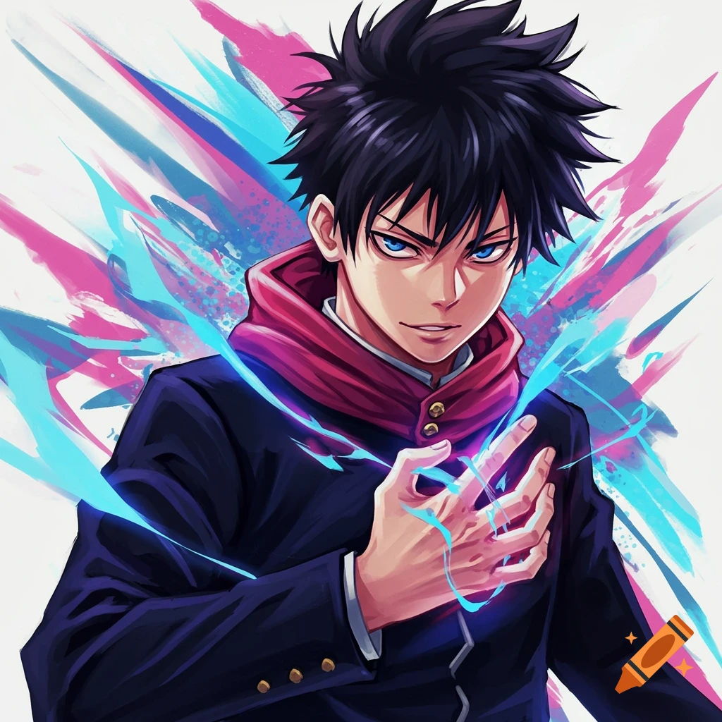 Anime character with spiky dark hair and blue eyes, wearing a dark jacket and red scarf, holding out a hand with glowing blue energy against an abstract pink and blue background.