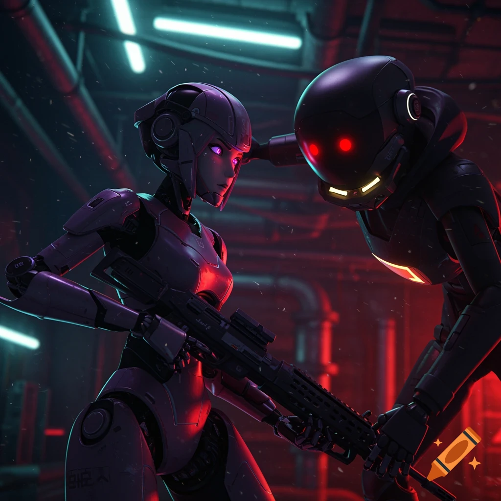 Two futuristic robots, one purple and one dark with red eyes, stand with a rifle in a dark industrial setting with neon lights, cinematic style.