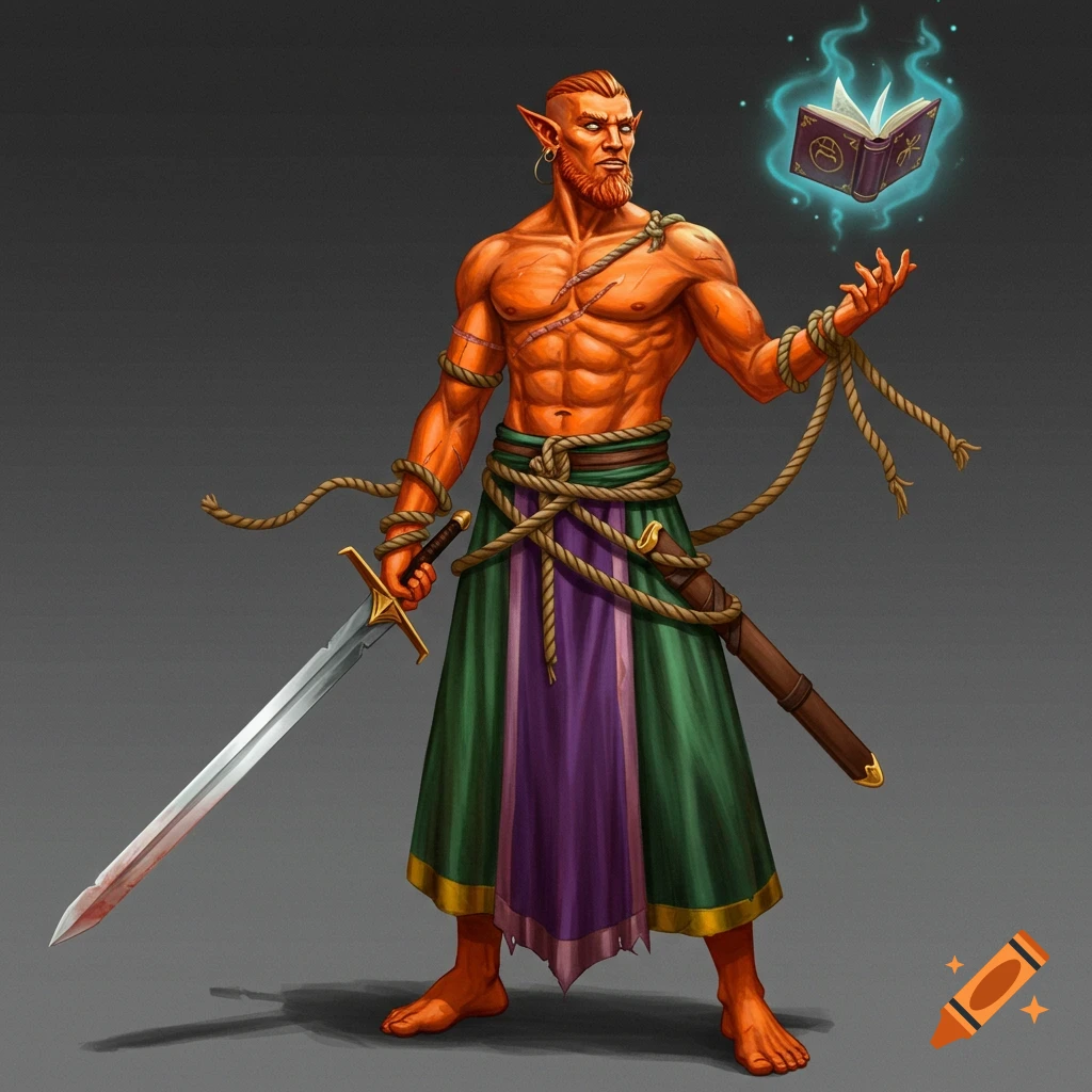 An orange-skinned man with elf ears, ropes, scars, holding a sword and a floating magic book.