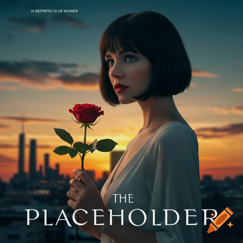 Book cover featuring a woman holding a red rose, with city skyline and sunset in the background. Text reads 'THE PLACEHOLDER'.