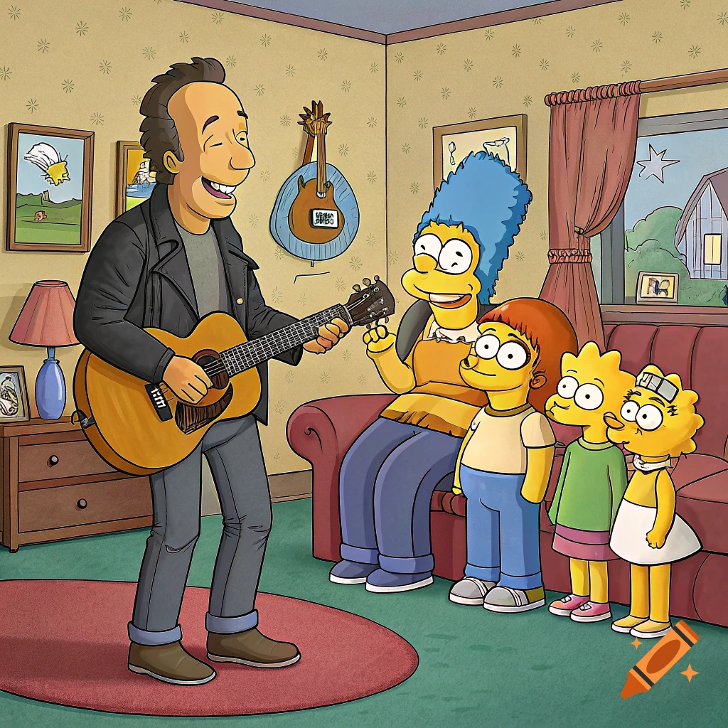Bruce Springsteen plays guitar for the Simpsons family in their living room, in the style of the show.