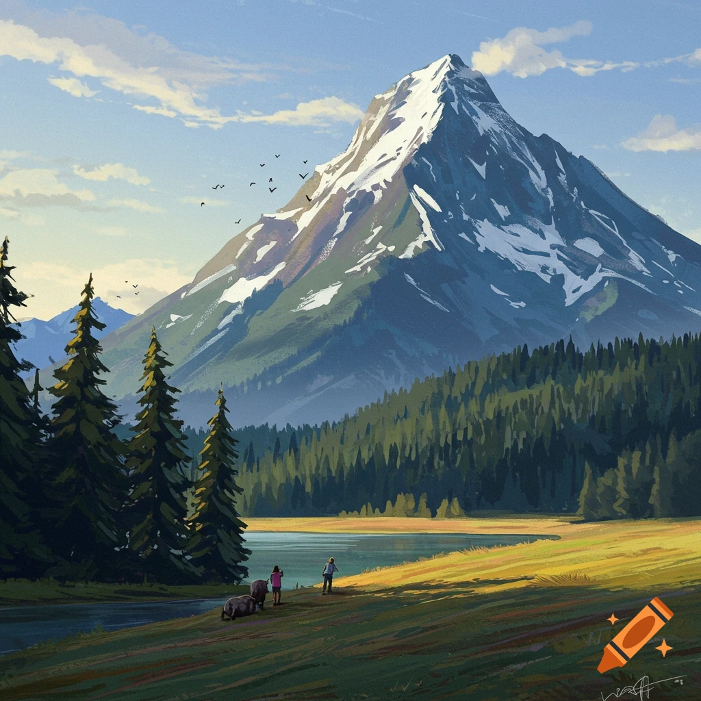 A large snow-capped mountain towers over a lake, with a forest in the foreground and figures on the shore.