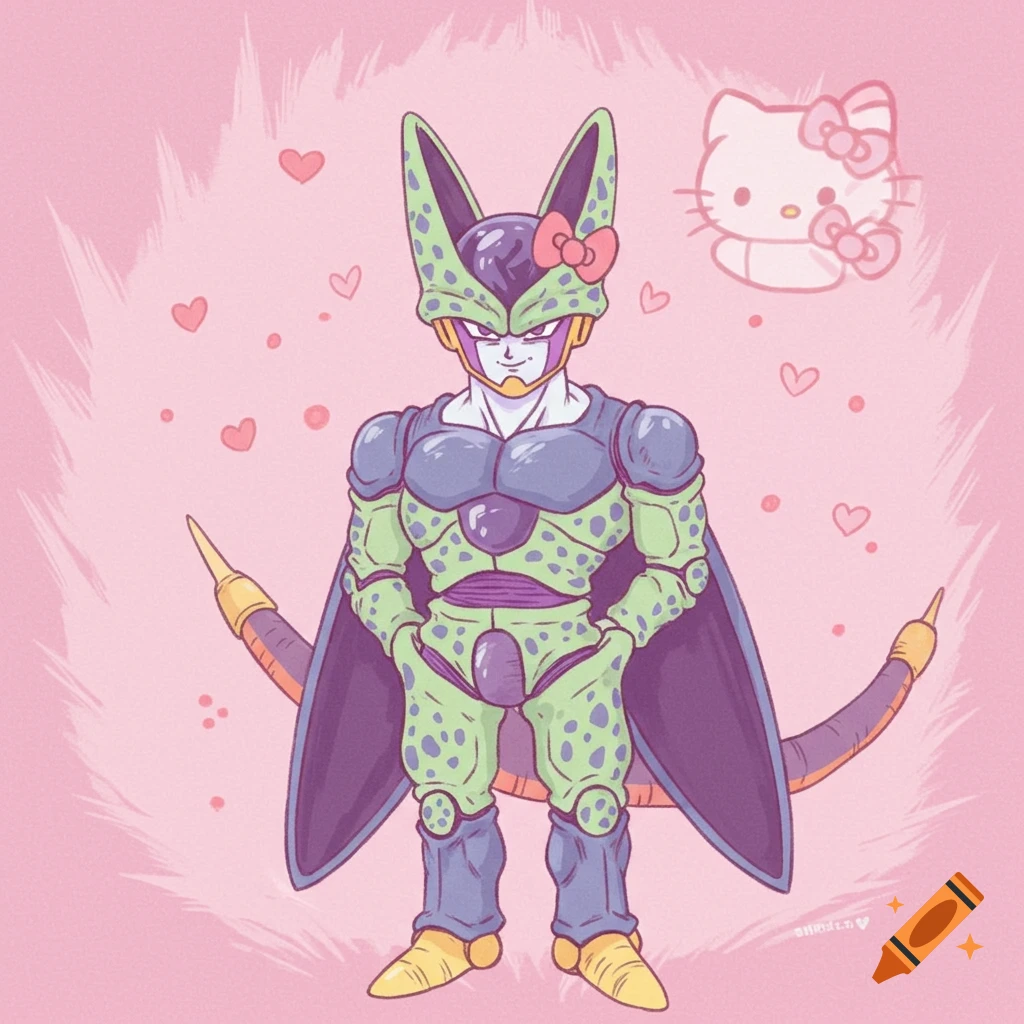 Illustration of Cell from Dragon Ball wearing a pink bow on a pink background with Hello Kitty.