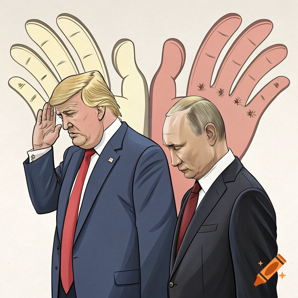 Caricature illustration of Donald Trump and Vladimir Putin looking down with large hands behind them.