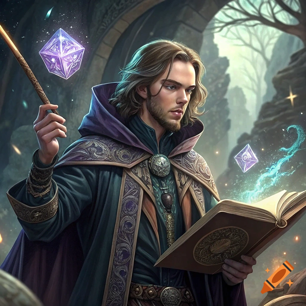 A male fantasy wizard in a hooded robe holds a glowing spellbook and wand, with floating magical crystals.