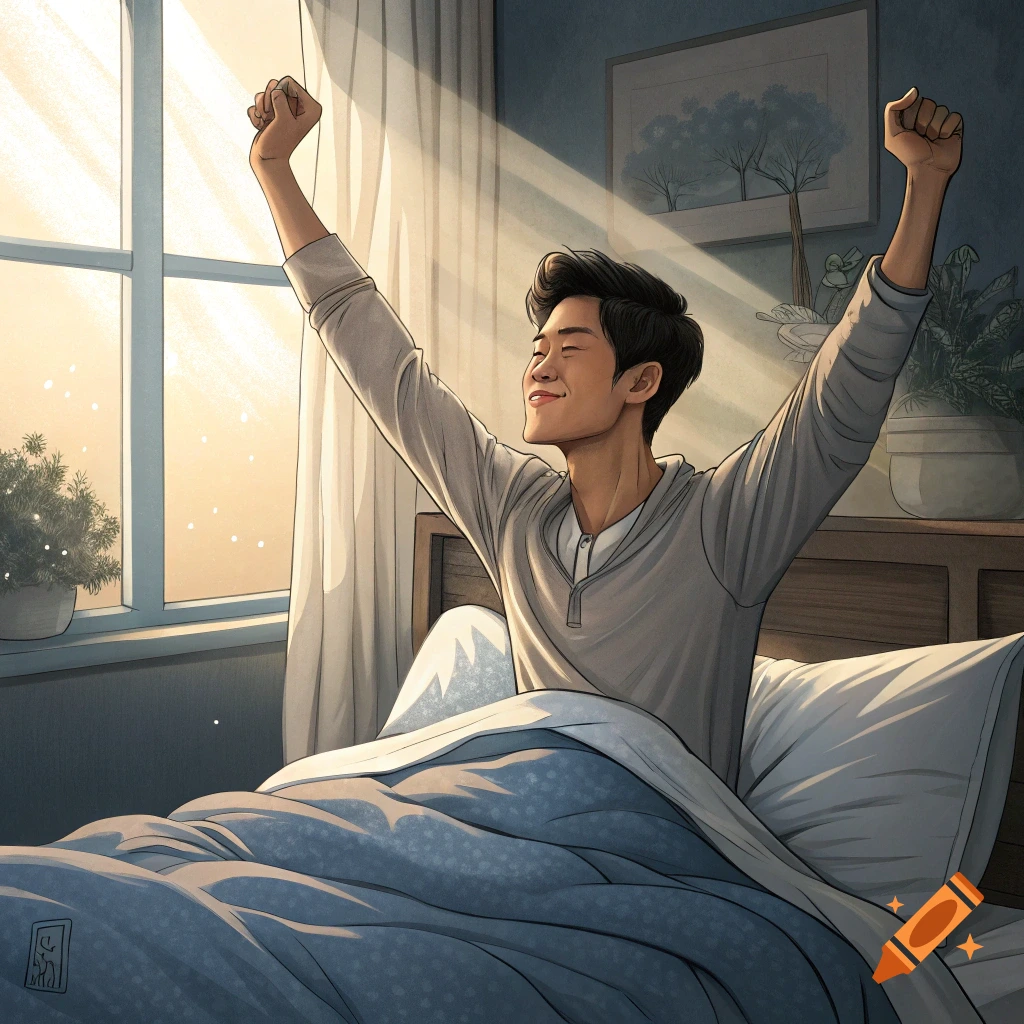 Man stretching in bed in the morning light.