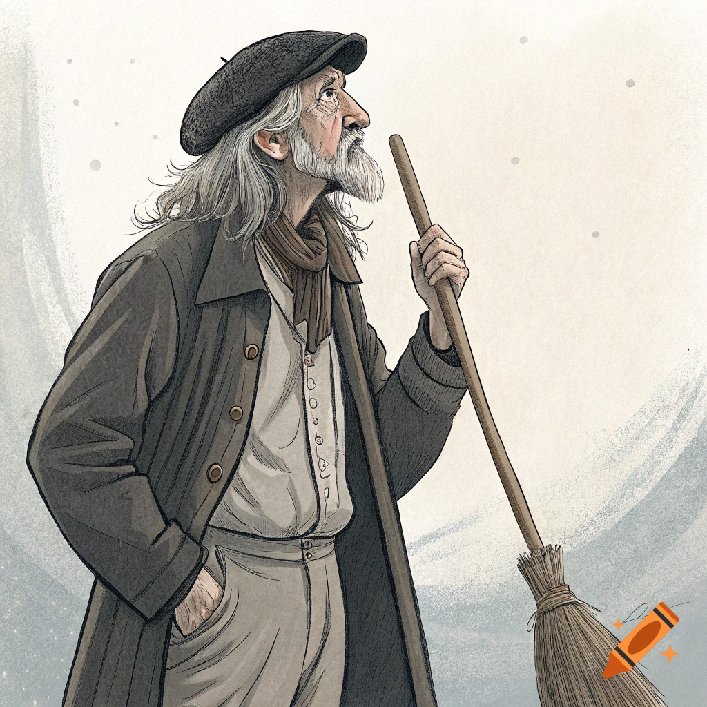Illustration of an old man in a coat and hat holding a broom