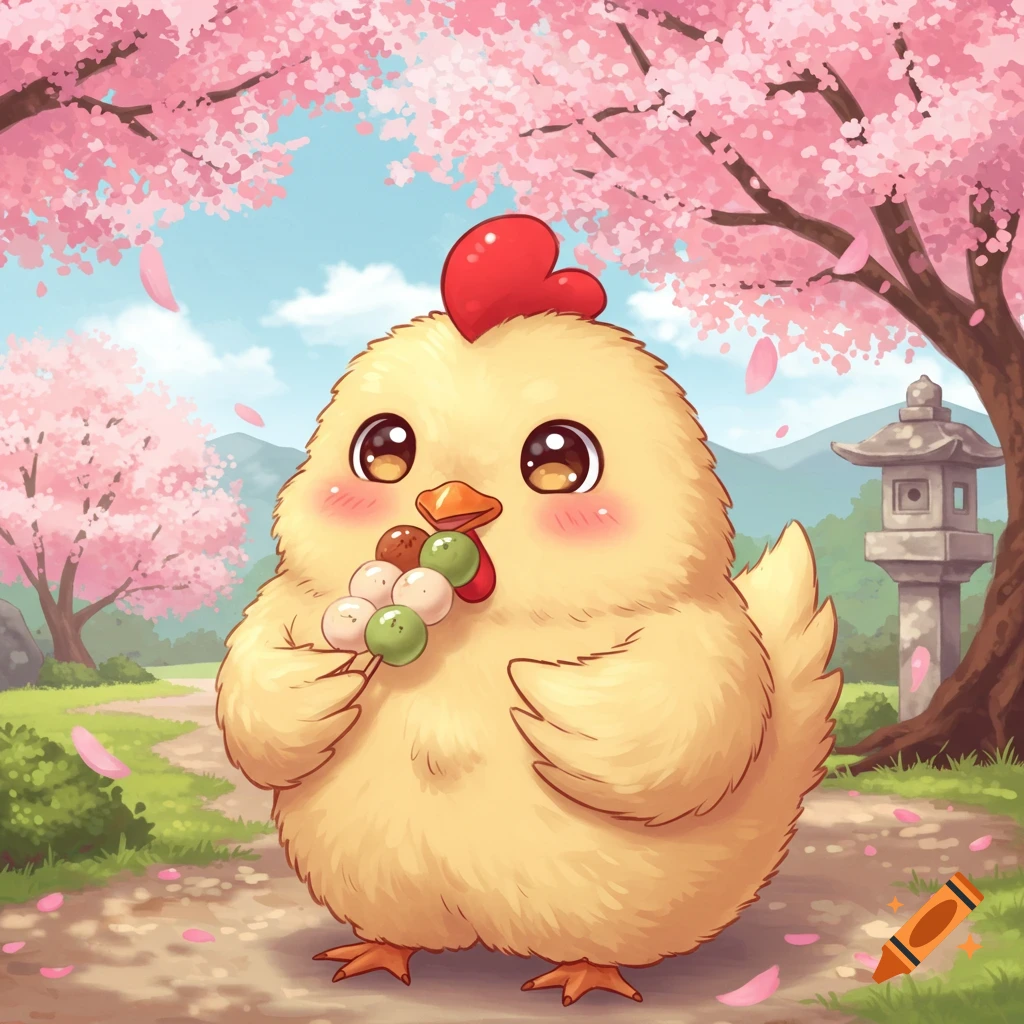 A cute yellow anime chicken eats dango under pink cherry blossoms.