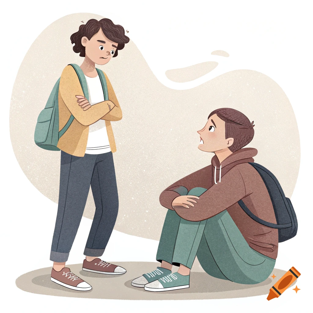 Illustration of two young people with backpacks talking; one stands with crossed arms, the other sits on the ground looking up.