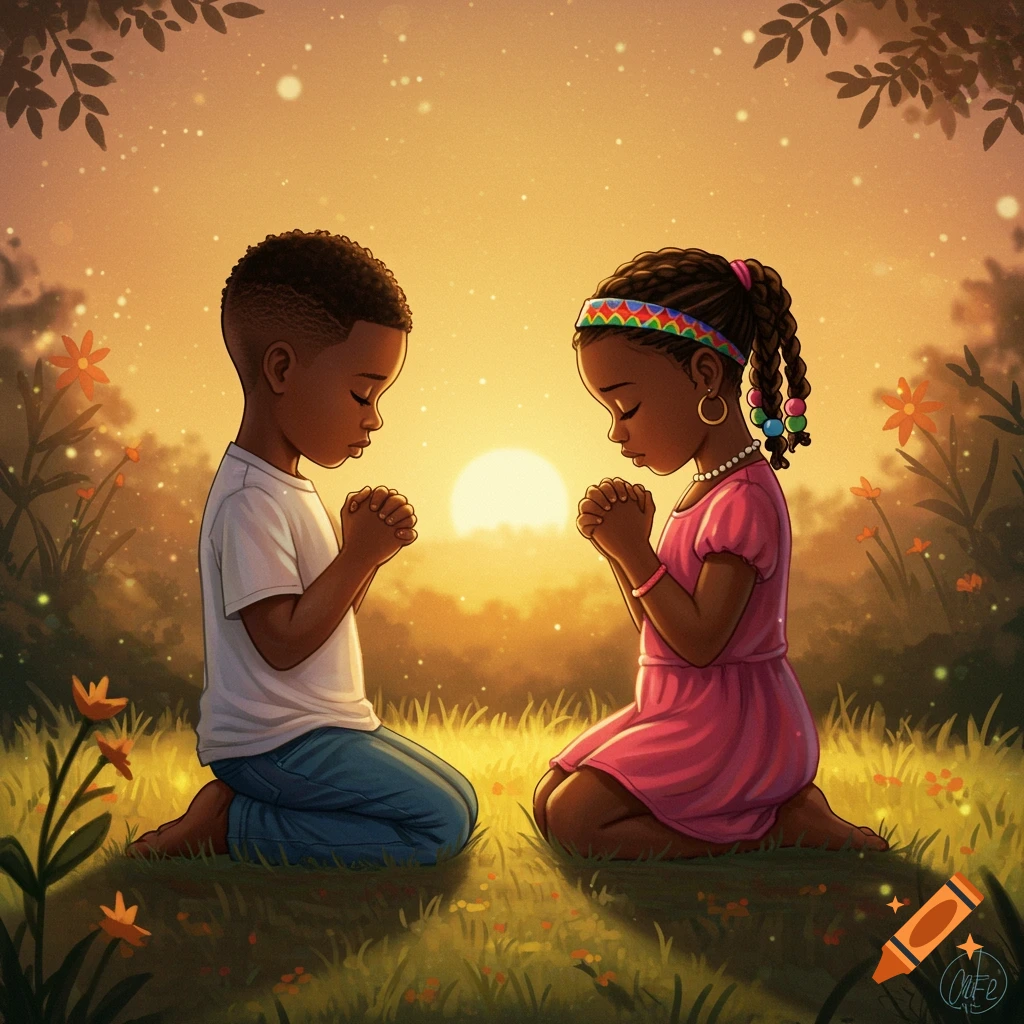 Two Black children kneeling in prayer at sunset in a field.